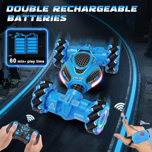 Gesture Sensing RC Stunt Car, Remote Control 2.4GHz 4WD Hand Controlled Car | Toys Gift for Boys and Girls Ages 6-12, 360° Rotating RC Cars with Lights and Music, Ideal Birthday and Xmas Gift - color: Blue