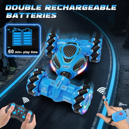 Gesture Sensing RC Stunt Car, Remote Control 2.4GHz 4WD Hand Controlled Car | Toys Gift for Boys and Girls Ages 6-12, 360° Rotating RC Cars with Lights and Music, Ideal Birthday and Xmas Gift - color: Blue