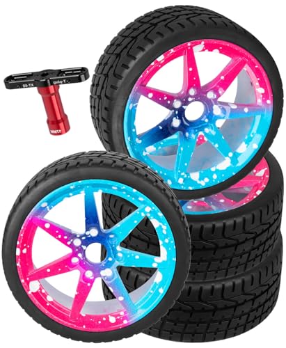 RC Highway Tires Wheel for 1/7 Infraction 6S BLX/Limitless,1/8 Typhon 6s BLX,7 Spokes Wheel Rim & Rubber Highway Tires RC Drift Tires,Blue Pink - color: Blue Pink - (4pcs Highway Tires)