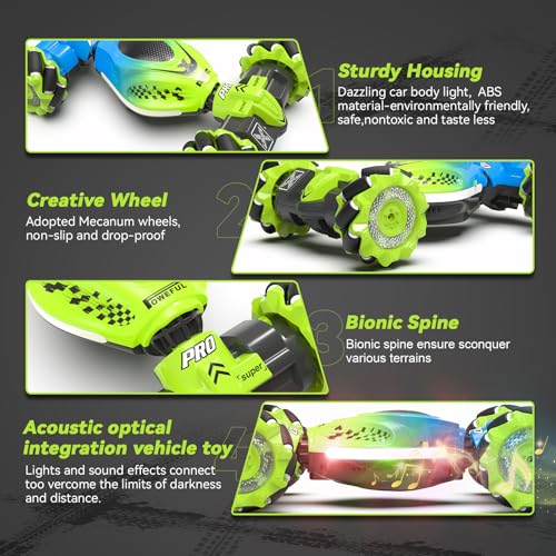 Dysaim Gesture RC Car Hand Controlled Stunt Car for 6-12 yr Boys Girls, 2.4GHz Remote Control Gesture Sensor Toy Drift Twist with Light Music for Kids Birthday Xmas Gift - color: Geen-blue