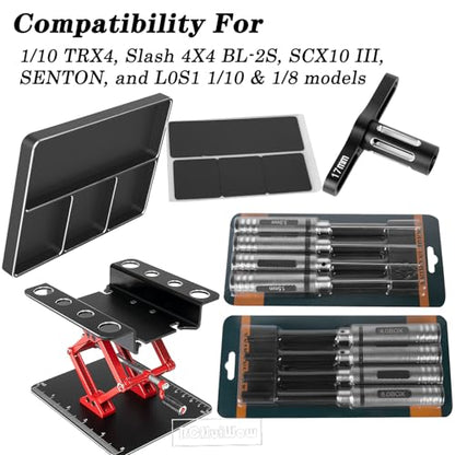 RC Tool Kit w/Height Adjustable Work Stand, 1.5 2.0 2.5 3.0mm Hex, 4.0 5.5 7.0 8.0mm Nut Driver, 17mm Wheel Socket &Screw Tray for 1/10 TRX4 Slash 4X4 BL-2S SCX10 III SENTON L0S1 1/8,Black - color: Black(1set)