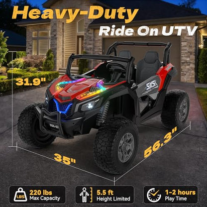XXXL 4WD 24V Ride on Toys for Big Kids 3-14, Max 5.5Mph & 220 lbs Load,Red | Adjustable 22” 2 seater ride on car for kids, 15" eva all-terrain tires, remote control, led lights, smooth shock absorbers - color: Red