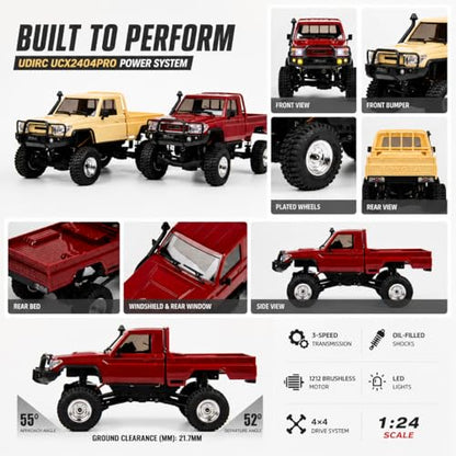 UDIRC UCX2404PRO 1/24 Scale Brushless Trail Truck, 4WD Off-Road rc Crawler | 2-Speed Transmission, Full LED Lights, Hydraulic Shocks, Breakaway Tank Turn, RTR for Adults - color: Yellow