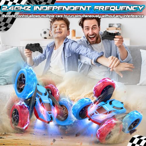 cosone Red Blue RC Stunt Car for Boys Girls | 360° Spinning Tricks, Double-Sided Driving, LED Lights, USB-C Rechargeable, One-Click Demo - color: Red&blue Pro