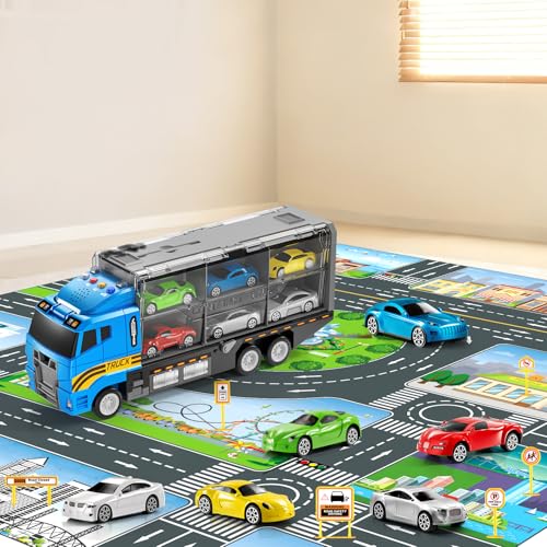 NIPLOOOW Toddler Boys Toys for 3 4 5 6 Years Old, Truck Vehicle Set with Play Mat and Die-Cast Toy Car, Transport Carrier Truck for Kids, Birthday Gifts Toys for 3 4 5 6 7 8+ Year Old Boys - style: Racing truck