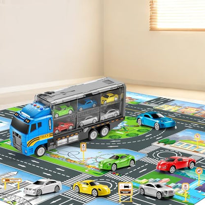 NIPLOOOW Toddler Boys Toys for 3 4 5 6 Years Old, Truck Vehicle Set with Play Mat and Die-Cast Toy Car, Transport Carrier Truck for Kids, Birthday Gifts Toys for 3 4 5 6 7 8+ Year Old Boys - style: Racing truck