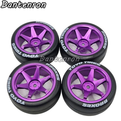1/10 RC Drift Aluminum Wheels and Tires OD 65mm 1/12 Hard Drift Racing Tyres 12mm Hex for 1:10 Rally Street On Road Touring Car Tamiya TT01 TT02 XV01 TA06 A959 PTG2 KYOSHO 4PCS (Purple) - color: Purple
