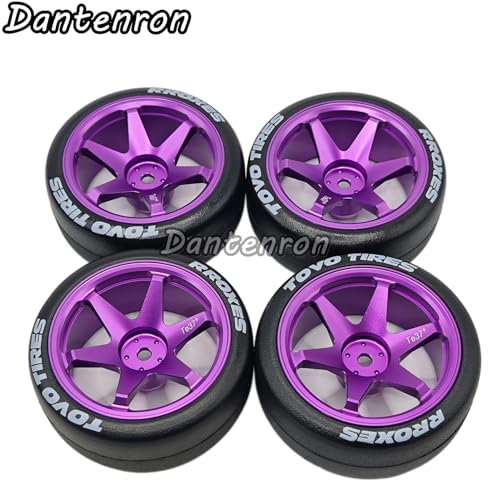 1/10 RC Drift Aluminum Wheels and Tires OD 65mm 1/12 Hard Drift Racing Tyres 12mm Hex for 1:10 Rally Street On Road Touring Car Tamiya TT01 TT02 XV01 TA06 A959 PTG2 KYOSHO 4PCS (Purple) - color: Purple