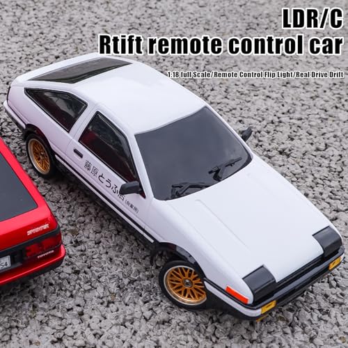 FLYCOLOR 1:18 AE86 Model LD1801 RC Drift Car 1/18 2.4G Remote Control on Road ESP Gyroscope LED Mini RC Racing Cars (White) - color: White