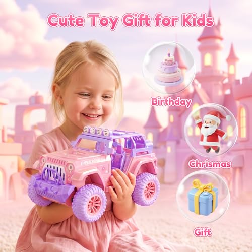 Remote Control Car for Girls with Spray and Sound, 2.4GHz Sparkling Pink RC | RC Cars for Kids with Dual Color Light & Doll, DIY Stickers, Windmill, Toy Cars Christmas Birthday Gift for Girls Age 6-12