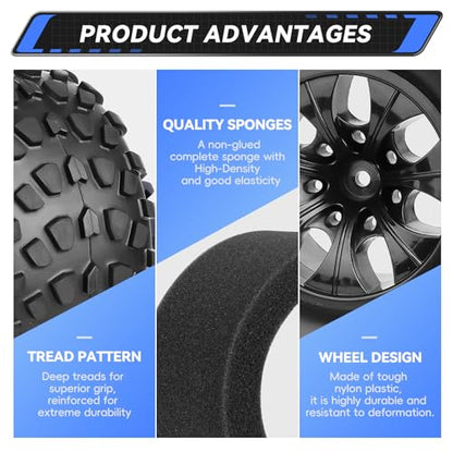 Pre-Glued 2.8 Tires 1/10 Scale RC Truck Wheels and Tires 12mm Hex for Traxxas Rustler Stampede 4x4 & 2WD Slash Hoss 4WD Redcat Volcano Epx Pro, Set of 4