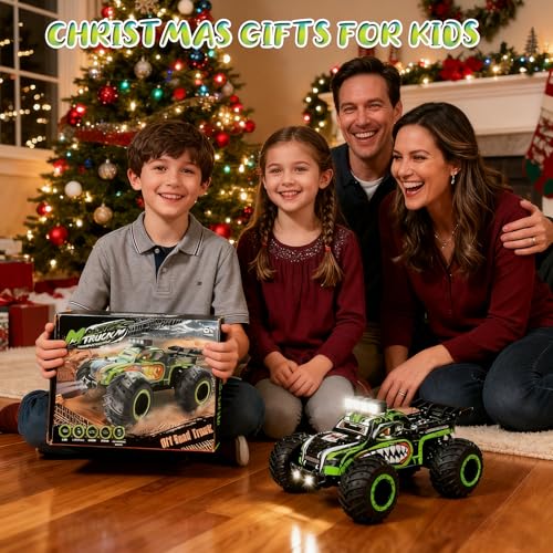 Remote Control Monster Truck for Kids: Off-Road RC Car with Headlights & Body Lights, 1:18, 20 km/h, 2WD, 2.4 GHz, All-Terrain, Rechargeable, High-Speed - Birthday for Boys Ages 4-12