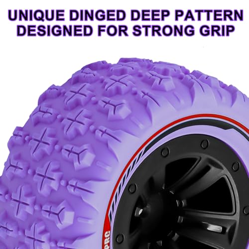 GOUPRC 12mm Hex RC Wheel Tires with Hood Pins Retainer Lock Clip Kit, 3.26 * 1.67 Inches 4PCS Swamp Claw Mud Terrain Tires Accessories for 1/14 1/16 RC Car Crawler Buggy Truck - color: Purple With Retainers