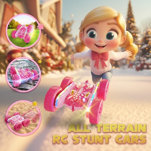 Remote Control Car for Girls, Pink RC Cars Stunt RC Car Girl Toys for Girls Double-Sided 360° Rotating with Headlights 4WD Kid Toys for Birthday Gifts (Pink) - color: Pink
