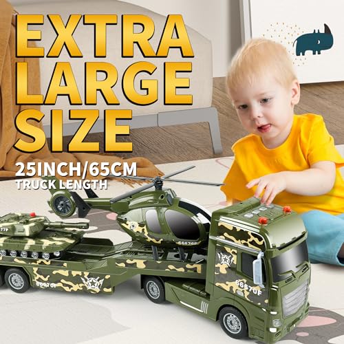 Dwi Dowellin Green Military Big Truck Toys,25.6" Semi Truck Toy with Helicopters and Tank,Army Toys with Lights & Sounds,Birthday Gift for 2 3 4 5 Years Old Boys and Girls - style: Army Truck