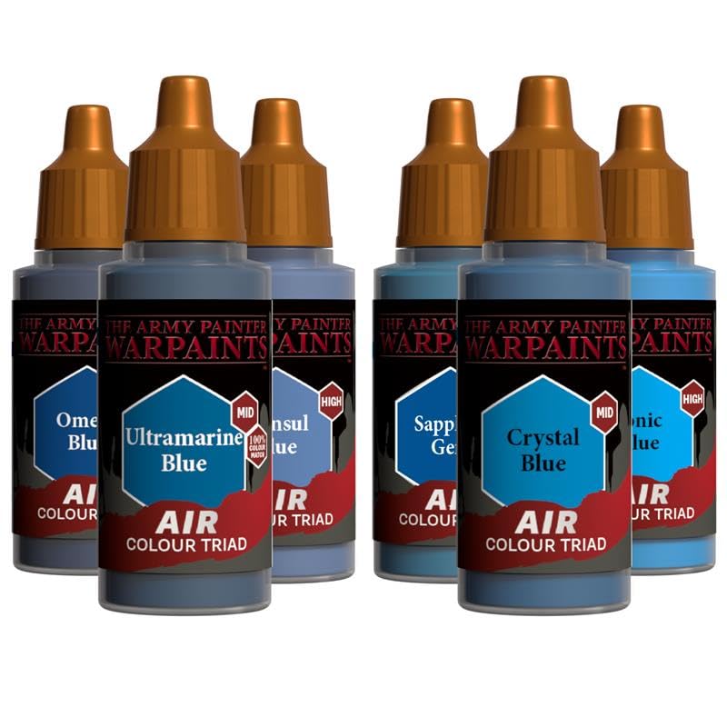 The Army Painter, Airbrush Primary Bundle - Blue, 2 Air Triads: 6 x 18 ml | Pre-thinned Acrylic spray gun paints - Paint sprayer paint for D&D & Warhammer Miniatures - color: Blue