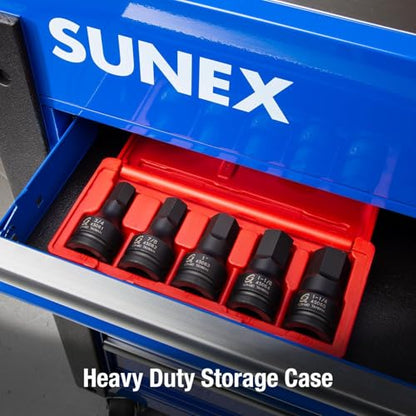 SUNEX TOOLS 4506, 3/4 Inch Drive Impact Hex Driver Set, 5-Pieces, SAE, 3/4" - 1-1/4", Cr-Mo Steel, Solid One Piece Construction, Dual Size Markings, Heavy Duty Storage Case