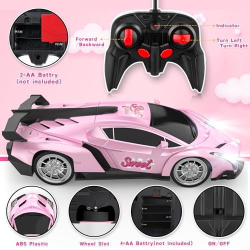 Growsland Remote Control Car for Girls, 1:18 Pink RC Cars Toys for Kids Girl Electric Vehicle Toy Car Hobby Racing Car with Lights & Controller, Birthday Gifts for Girl Boys Age 3 4 5 6 7 8 9 Year Old - color: Pink