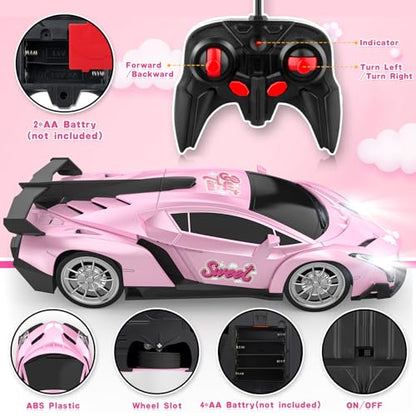 Growsland Remote Control Car for Girls, 1:18 Pink RC Cars Toys for Kids Girl Electric Vehicle Toy Car Hobby Racing Car with Lights & Controller, Birthday Gifts for Girl Boys Age 3 4 5 6 7 8 9 Year Old - color: Pink