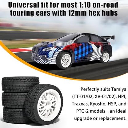 OD 2.65" On Road Rubber Tires Nylon Wheels- 12mm Hex for 1/10 RC Racing Car | Compatible with MJX HSP Tamiya HPI Kyosho Traxxas Sakura Redcat WLtoys 1/10 RC On-Road Racing Touring Car (4pcs, White) - style: C-White