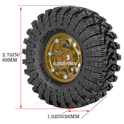 RC 1.3" Beadlock Wheel Tires Set/RC Wheels and Rim for 1/18 1/24 Trx4m SCX24 FCX24 RC Crawler Car,Aluminum 1.3 Wheel Rim Soft Rubber Tires w/Wheels Ring,Brown - color: Brown- (Wheel Tires)