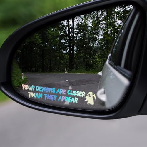 2PCS Funny Halloween Vanity Mirror Stickers, Gothic Car Accessories, Your Demons are Closer Than They Appear Car Mirror Decal, Vinyl Waterproof Bumper Sticker for Truck Window (Colorful) - color: Colorful