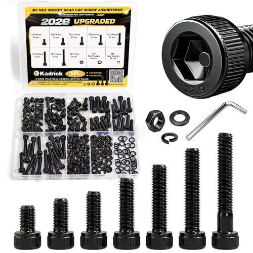 Kadrick M5 Screws Kit 205PCS, Socket Head Cap M5 Screw Assortment with Lock Washers for Secure Fastening, Class 12.9 Alloy Steel, Black Zinc Plated M5 Bolts for Mechanical, Automotive & Heavy-Duty Use - size: M5 205Pcs New