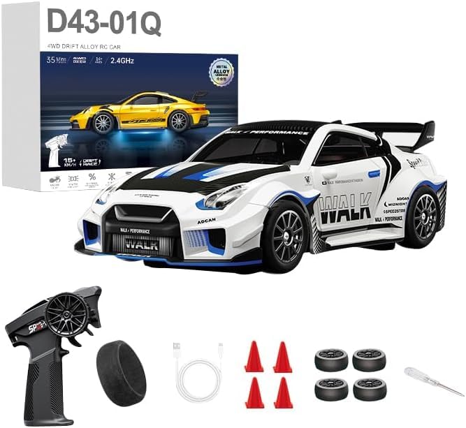 1:43 RC Drift Car 20KM/H with Gyro, 2.4G 4WD Full Proportional Alloy Sport Racing Car, Adjustable Speed, LED Lighting for Teens & Adults-D43-02 - color: Q1/Mecha War White