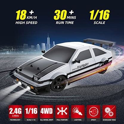 RC Drift Car 2.4GHz 1:16 Scale 4WD High Speed Remote Control Cars Vehicle with LED Lights Two Batteries and Drifting Tires Racing Sport Toy Cars for Adults Boys Girls Kids - color: White
