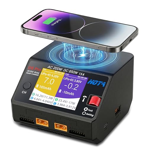 HOTA D6 Pro Lipo Battery Charger,Dual Channel 15A AC200W DC650W Smart Balance Charger with Wireless Charging Panel USB Output for 1-6S LiPo LiHV NiMH Pb Batteries RC Car Boat FPV (Black) - color: Black