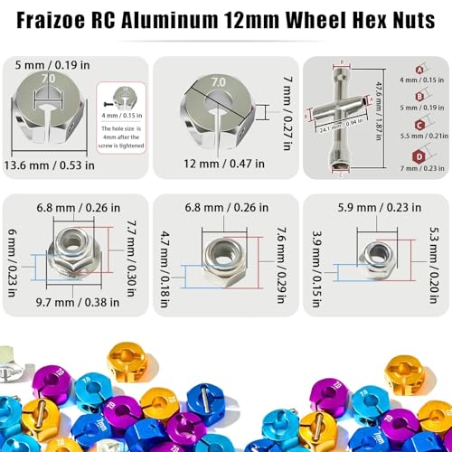 Aluminum 12mm Hex Wheel Hub 4Pcs w/Axle Pin M4 Flange Lock Nut Standard M3 M4 Nut 7mm Thickness Wheel Drive Adapter for 1/10 Traxxas HSP Redcat Rc4wd Tamiya Axial SCX10 WLtoy RC Car(25Pcs) - color: Silver, size: 7.0