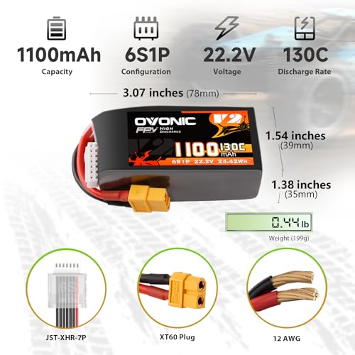 OVONIC 130C 6S 1100mah Lipo Battery 22.2V Pack with XT60 Plug for FPV Racing