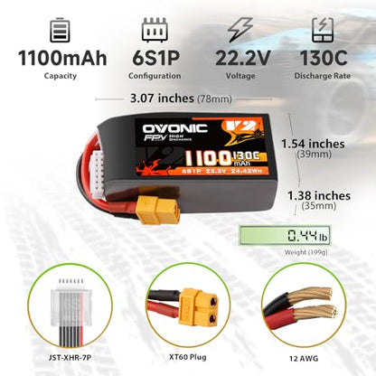 OVONIC 130C 6S 1100mah Lipo Battery 22.2V Pack with XT60 Plug for FPV Racing