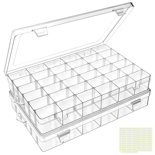 DILIBRA 2 Pack 36 Grids Large Plastic Organizer Box with Adjustable Divider | Clear Craft Organizers Bead Organizers with Label Stickers, Compartment Container for Beads Crafts Jewelry Fishing Tackles - size: 2 Pack 72 Grids