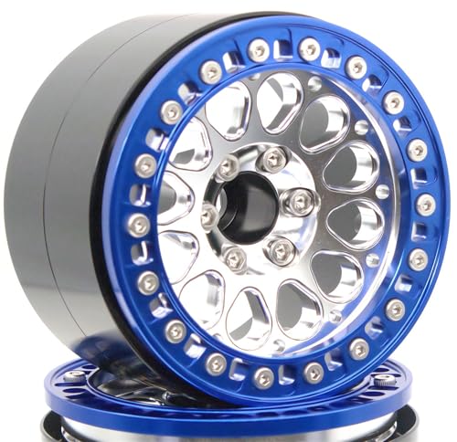 RC 2.2 Aluminum Alloy Beadlock Wheels and Tires Upgrades Accessories Rims for 1/10 SCX10 TRX4RC4WD and D90 RC Crawler Axial Remote Control Car (4pc) (Silver Blue) - color: Silver Blue
