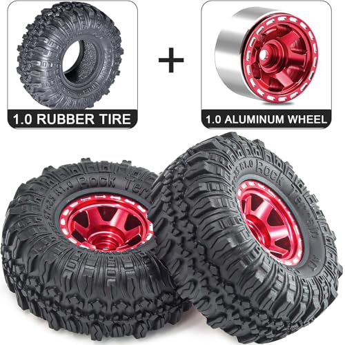 1.0 Beadlock Wheels and Tires Set 57 x 24 mm 1.0 inch Rubber Rock Crawler Tires & Alloy Blade Wheels for 1/18 1/24 Axial SCX24 TRX4M Gladiator Bronco C10 JLU Deadbolt RC Crawler Upgrade (Red) - color: Red