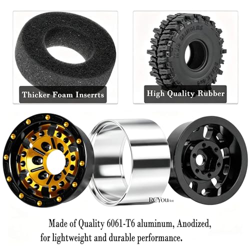 RC Aluminum (4PCS) 1.0 Wheel Rim Soft Rubber Tires&1.0 Beadlock Wheel Rim&Wheels Tires for 1/18 1/24 Trx4m SCX24 RC Crawler Car,Gold - color: Gold- (Rc Wheels Tires)