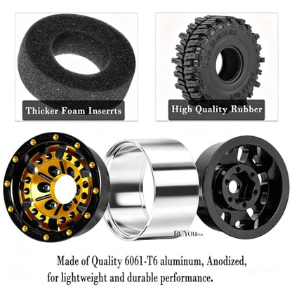 RC Aluminum (4PCS) 1.0 Wheel Rim Soft Rubber Tires&1.0 Beadlock Wheel Rim&Wheels Tires for 1/18 1/24 Trx4m SCX24 RC Crawler Car,Gold - color: Gold- (Rc Wheels Tires)