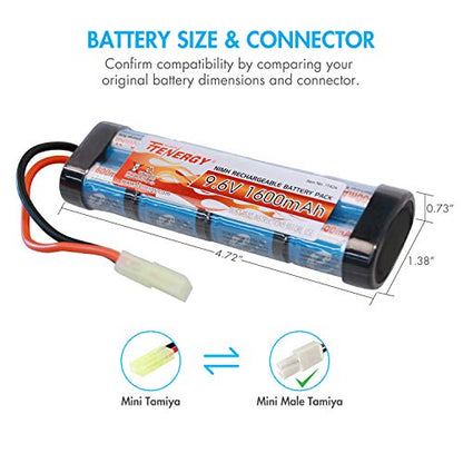 Tenergy Airsoft Battery 9.6V 1600mAh NiMH Flat Battery Pack and Charger w/Mini Tamiya Connector Compatible with MP5, Scar, M249, M240B, M60, G36, M14, RPK, PKM