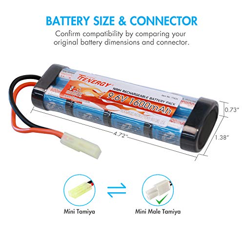 Tenergy Airsoft Battery 9.6V 1600mAh NiMH Flat Battery Pack and Charger w/Mini Tamiya Connector Compatible with MP5, Scar, M249, M240B, M60, G36, M14, RPK, PKM