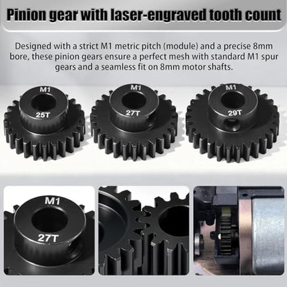M1 8mm Steel Pinion Gear Set 25T 27T 29T with Laser-Engraved Tooth Count for 1/5 X-Maxx Rc Model Car Buggy Truck Replacement Mod 1 Gear Compatible with Brushed & Brushless Motors 3 Pcs - size: M1-8MM-PG-25T-27T-29T