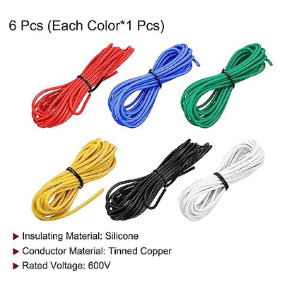 MECCANIXITY 16 Gauge Wire Silicone Wire 16AWG Electrical Wire Stranded Wire Tinned Copper Wire High Temp Hookup Wire 6 Color 3.0m/10ft for Car Model Electric Appliances 6pcs - size: 16AWG, 10ft