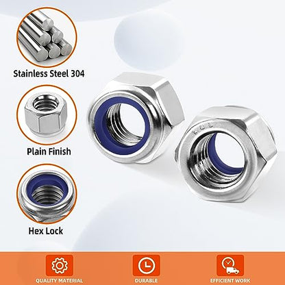 M12 Nylon Insert Hex Lock Nuts Locknuts, Stainless Steel 18-8 (304), Bright Finish, 10 PCS - color: Silver, size: M12-1.75