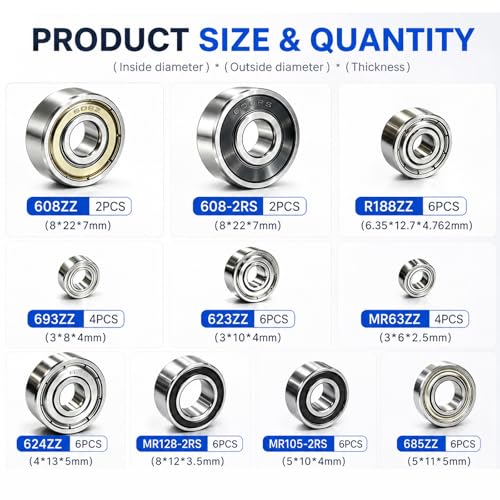 Ball Bearings Kit, 10 Sizes Skateboard Roller Bearing 608 Included, 52 PCS | Small Sealed Skate Bearing, 608zz 608rs 8mm included, Miniature Rollerblade for Longboard Skateboarding Wheels 3D Printing