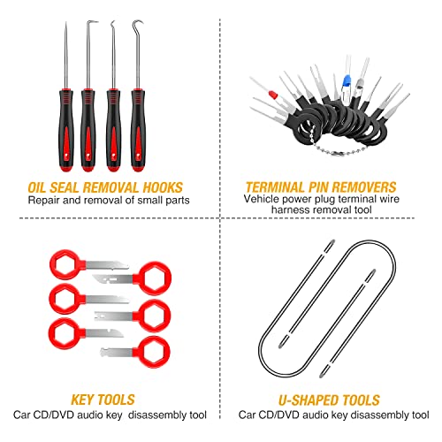 GOOACC 102Pcs Auto Trim Removal Tool and Push Pin Retainer Clip Set Red | Fastener Terminal Remover Tool Adhesive Cable Clips Panel Remover Kit Car Panel Radio Removal Auto Clip Pliers - color: 42Pcs Remover + 60Pcs Clips, size: Clips+Remover