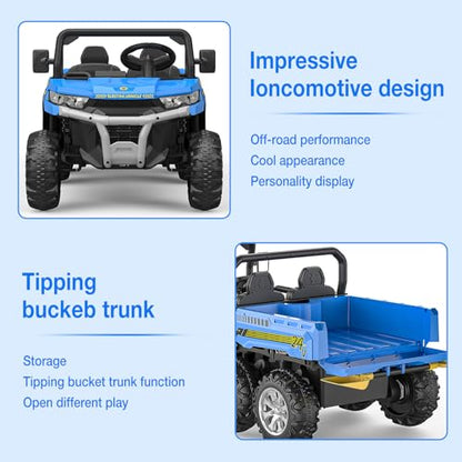 Hetoy 24V 2-Seater Ride On Dump Truck with Parent Remote Control, 4WD 6-Wheel Electric Car for Big Kids, UTV Style Dump Bed & Music Horn, ASTM/CPSIA Certified (Ages 3+) - color: Blue