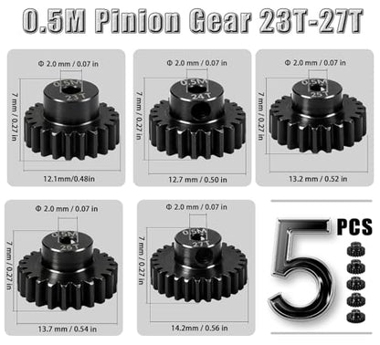Hardened Steel 0.5M Pinion Gear 23T 24T 25T 26T 27T 2mm Shaft for RC Car, Compatible with ARRMA 1/14 Typhoon 1/16 Mojave 1/18 Granite, Losi 1/12, 0.5Mod 13T-27T Gear for Brushed Brush-Less Motors - size: 23-27T