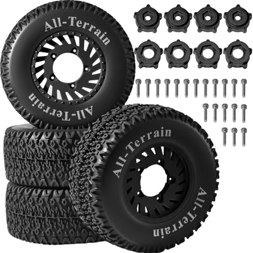 1/10 RC Short Course Truck Tire and Wheel - 12mm/17mm Hex, Black | All-Terrain Tires and Nylon Wheels Compatible with 1/10 Traxxas Slash 4WD 2WD Arrma Senton Axial Losi Redcat RC Buggy, 4-Pack - color: Black