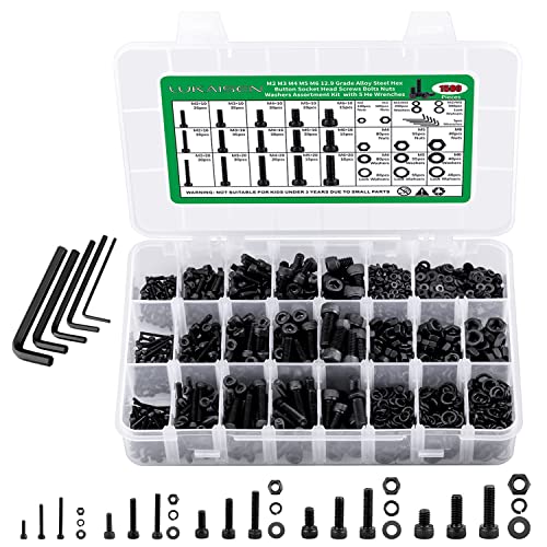 1500PCS Screw Assortment Kit, M2-M6 12.9 Alloy Steel Hex Socket Cap Bolts | With Nuts & Flat Washers & Lock Washers & Wrench, Black Zinc Plated High-Tensile, Length 10-20mm, for 3D Printing, DIY, Home - size: M2 M3 M4 M5 M6 1500pcs 3