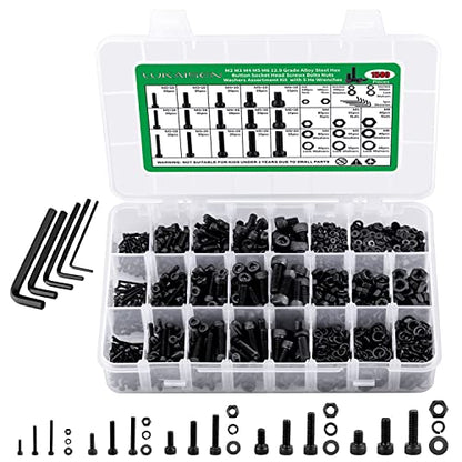 1500PCS Screw Assortment Kit, M2-M6 12.9 Alloy Steel Hex Socket Cap Bolts | With Nuts & Flat Washers & Lock Washers & Wrench, Black Zinc Plated High-Tensile, Length 10-20mm, for 3D Printing, DIY, Home - size: M2 M3 M4 M5 M6 1500pcs 3